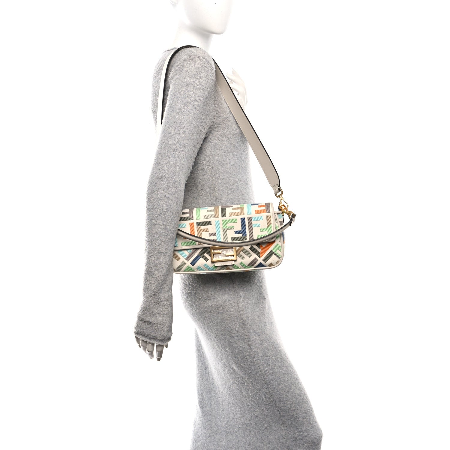 Fendi Canvas Vitello Seta FF Multicolor Embroidered Baguette