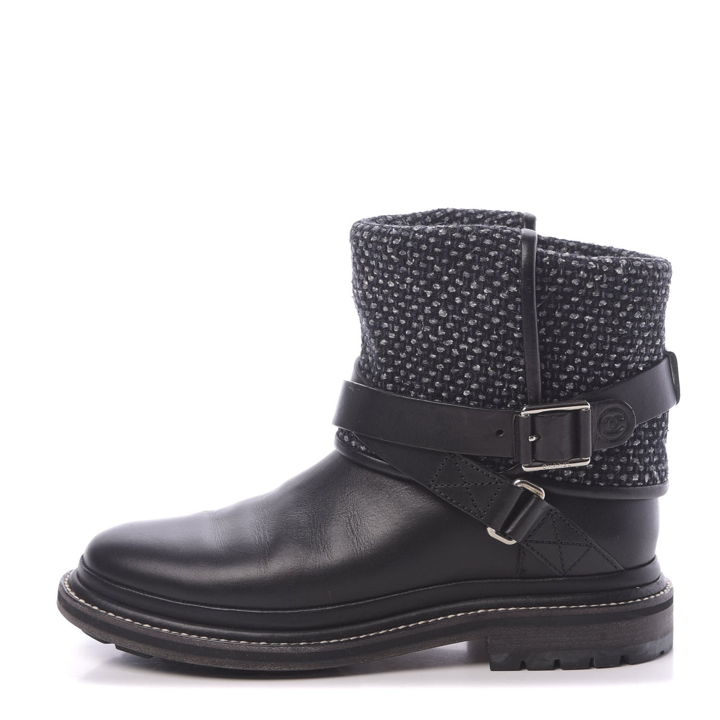 Tweed Calfskin CC Short Boots 36.5 Grey Navy Black