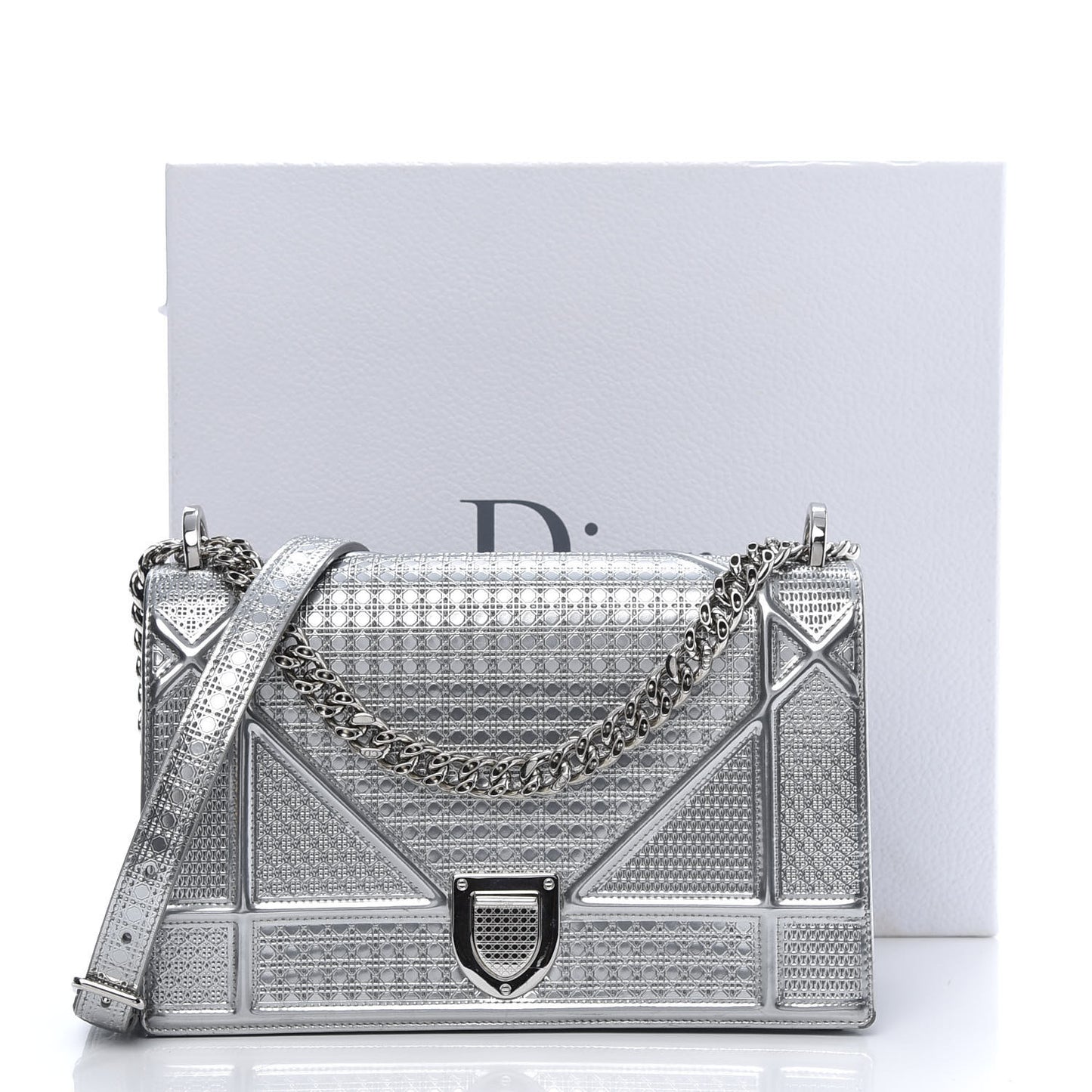 Metallic Patent Micro-Cannage Medium Diorama Flap Bag Silver