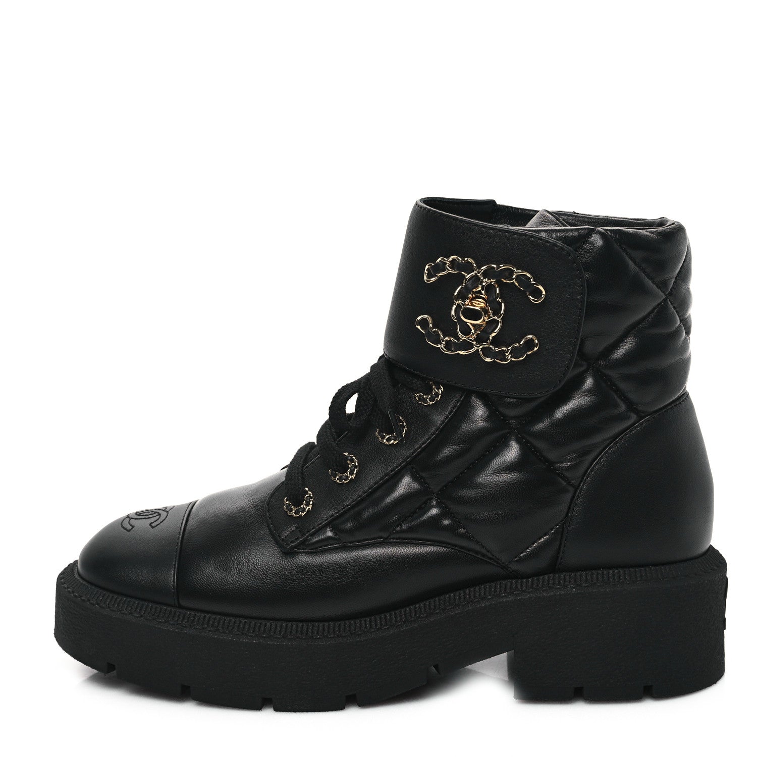 Chanel Lambskin Calfskin Quilted Lace Up Combat Boots 40 Black 1 of 10
