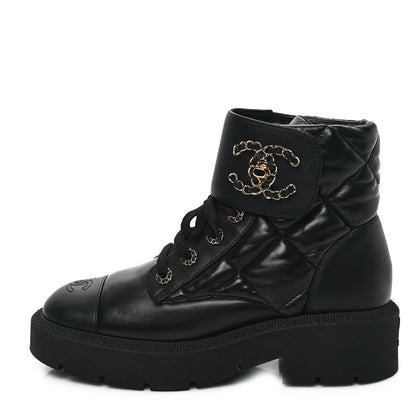 Chanel Lambskin Calfskin Quilted Lace Up Combat Boots 40 Black 1 of 10