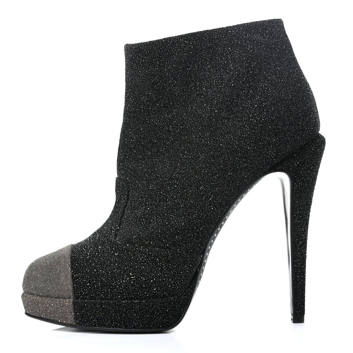 Chanel Glitter Suede Cap Toe Short Boots 40 Black Taupe 1 of 8