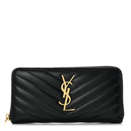 Saint Laurent Grain De Poudre Matelasse Chevron Monogram Zip Around Wallet Black 1 of 7