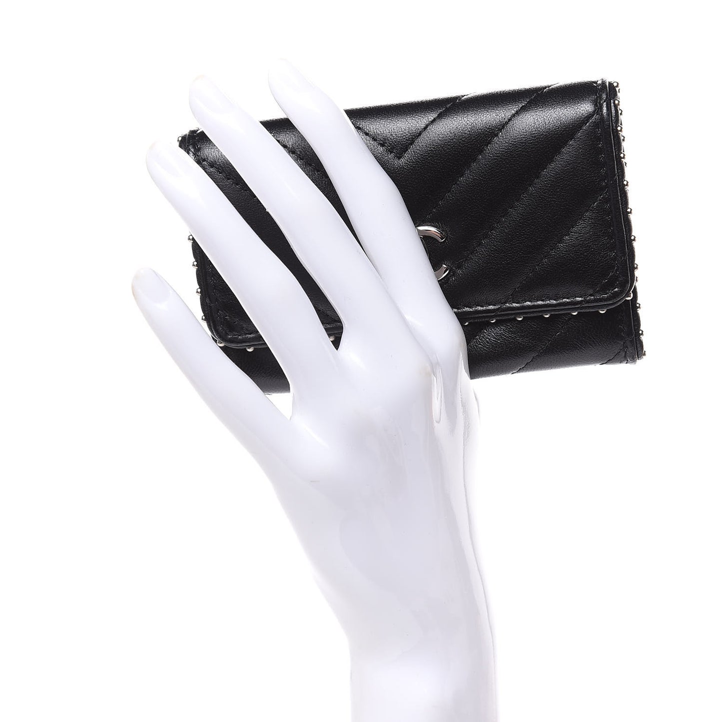 Lambskin Chevron Quilted Studded Card Holder Black