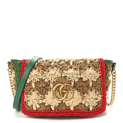 Gucci Raffia Azalea Calfskin Crochet Flower Small GG Marmont Shoulder Bag Natural Ecru Green Red New Shamarock 1 of 12