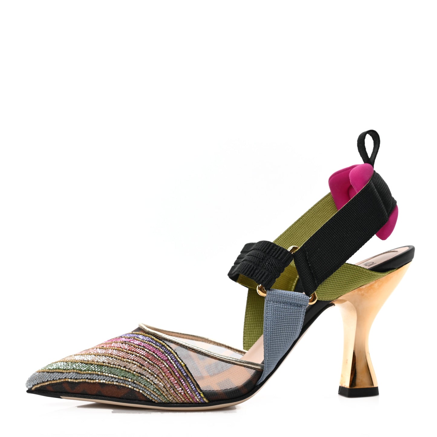 Technical Mesh FF Rainbow Beaded Colibri 85mm Slingback Pumps 37.5 Tobacco Black Multicolor