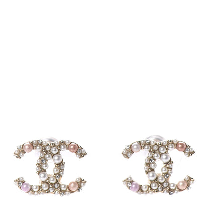 Chanel Pearl Crystal CC Charms Stud Earrings Light Gold Pink 1 of 5