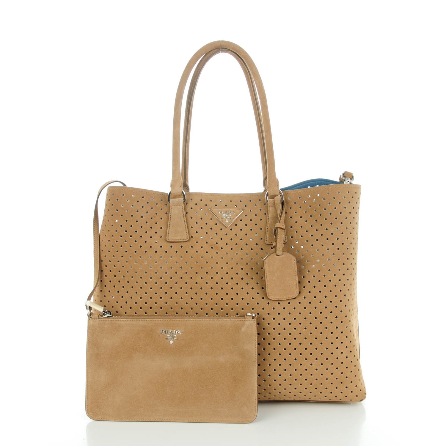 Prada Suede Perforated Tote Cammello 3 of 8