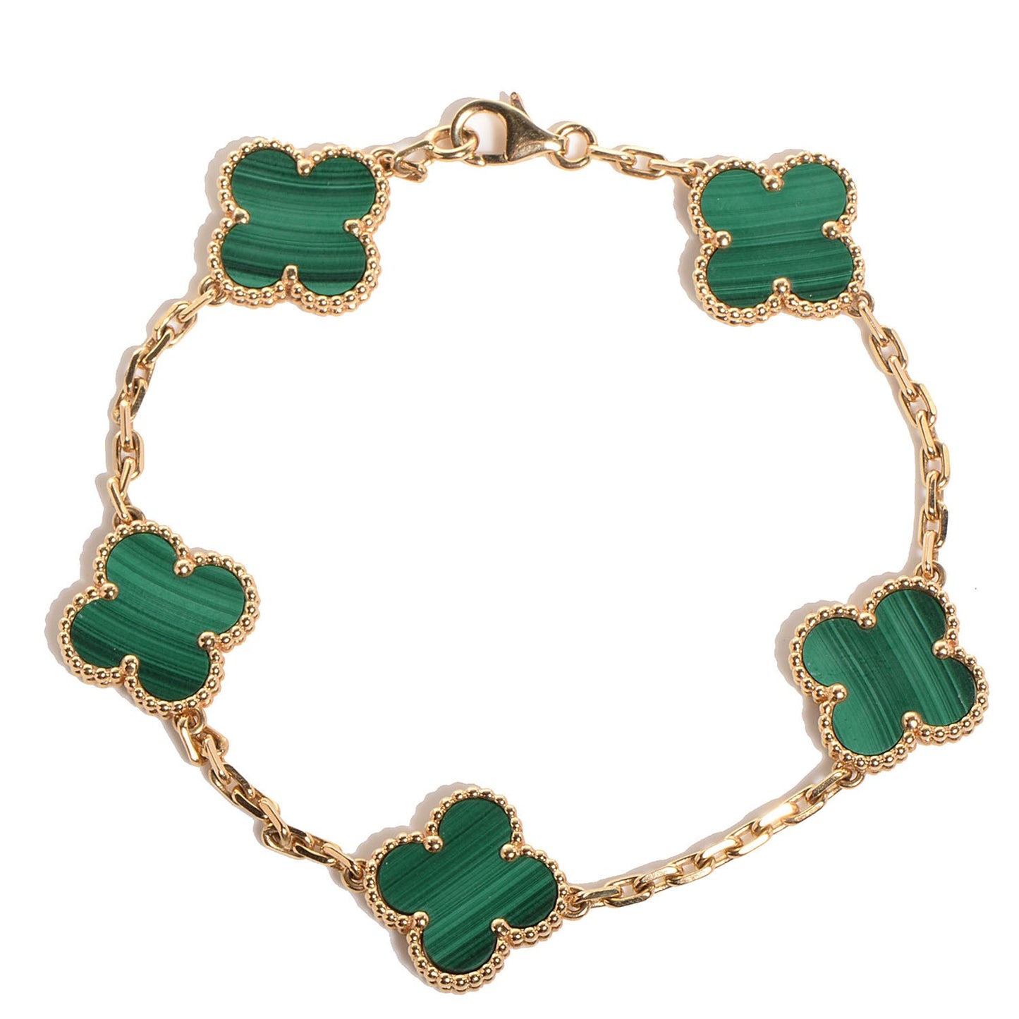 18K Yellow Gold Malachite 5 Motifs Vintage Alhambra Bracelet