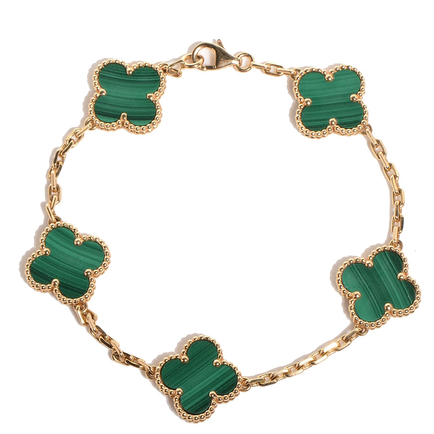 Van Cleef & Arpels 18K Yellow Gold Malachite 5 Motifs Vintage Alhambra Bracelet 1 of 8