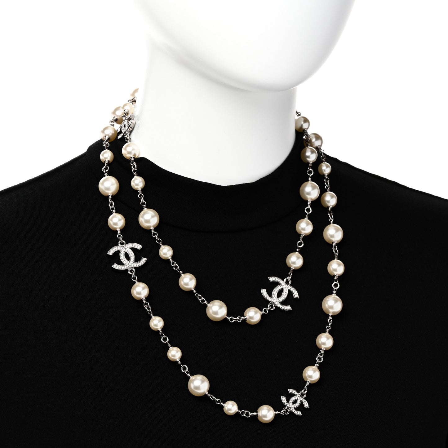 Graduated Pearl Crystal CC Long Necklace Silver