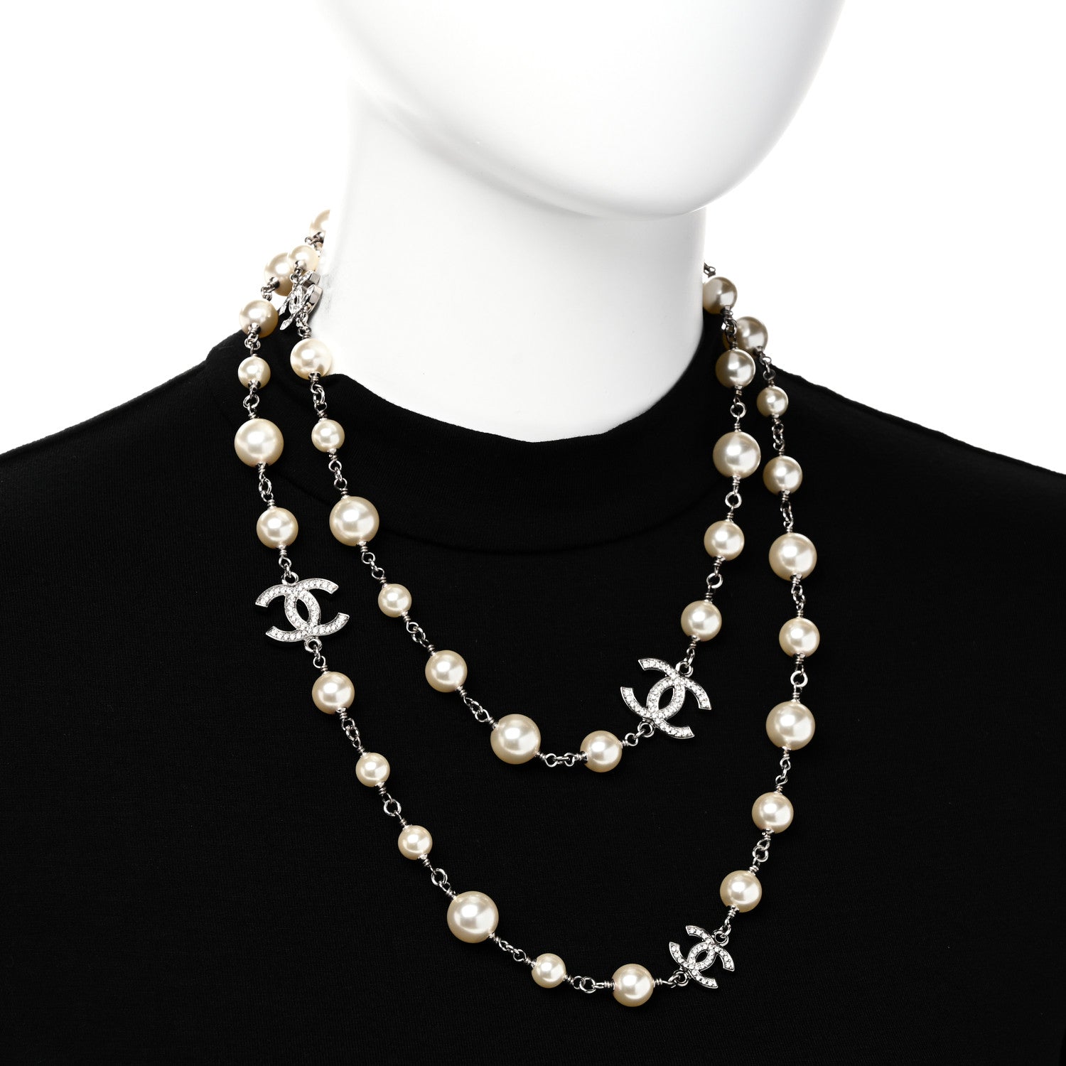Chanel Graduated Pearl Crystal CC Long Necklace Silver 2 of 6