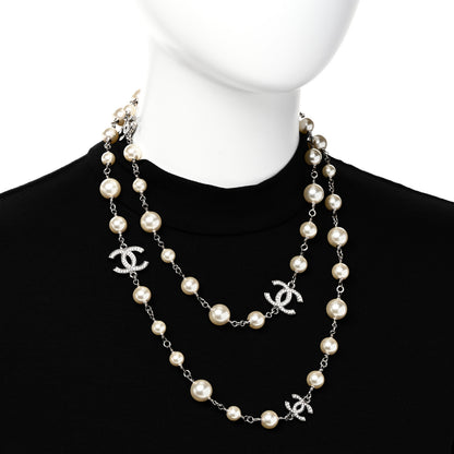 Chanel Graduated Pearl Crystal CC Long Necklace Silver 2 of 6