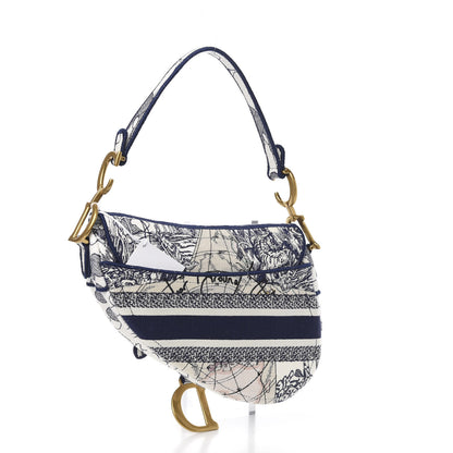 Christian Dior Canvas Embroidered Around the World Saddle Bag Blue 4 of 12