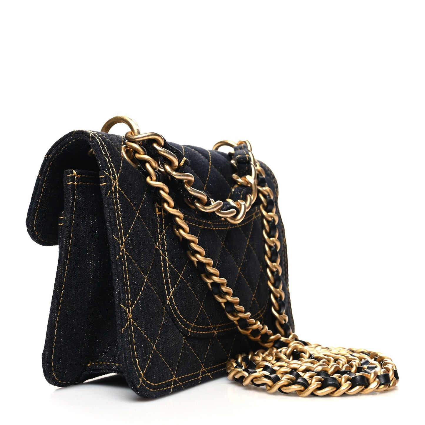 Denim Quilted Double You Mini Flap Black Golden