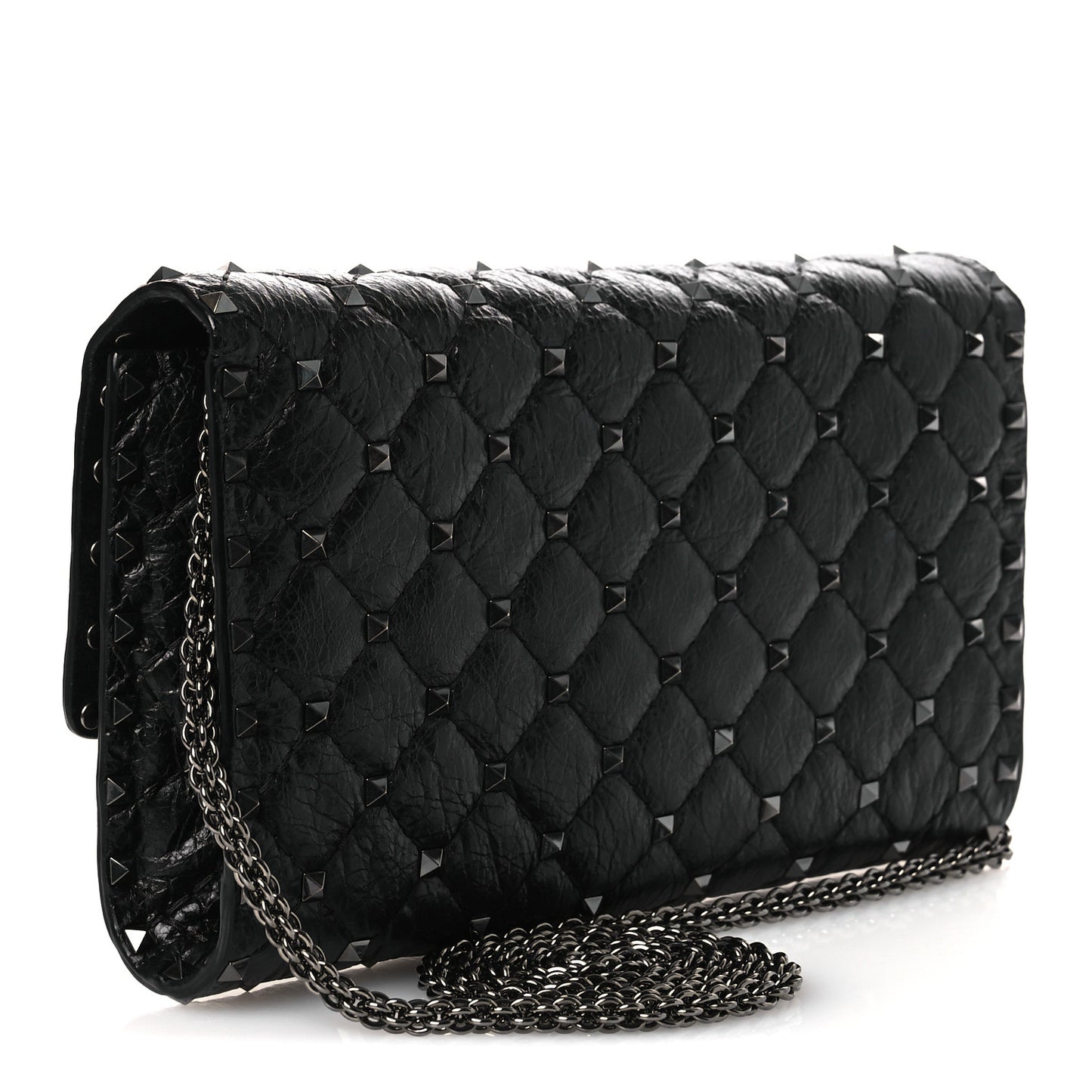 Craquele Nappa Rockstud Spike Wallet on Chain Black