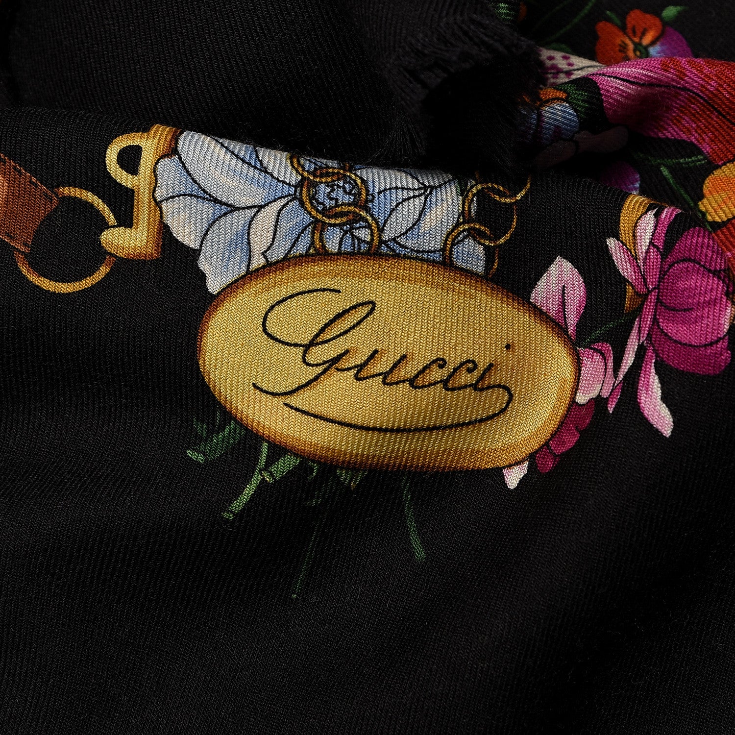 Gucci Wool Silk Floral Web Square Scarf Black 4 of 5