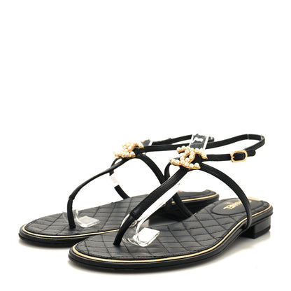 Chanel Lambskin Pearl CC Thong Sandals 37 Black Gold 3 of 8