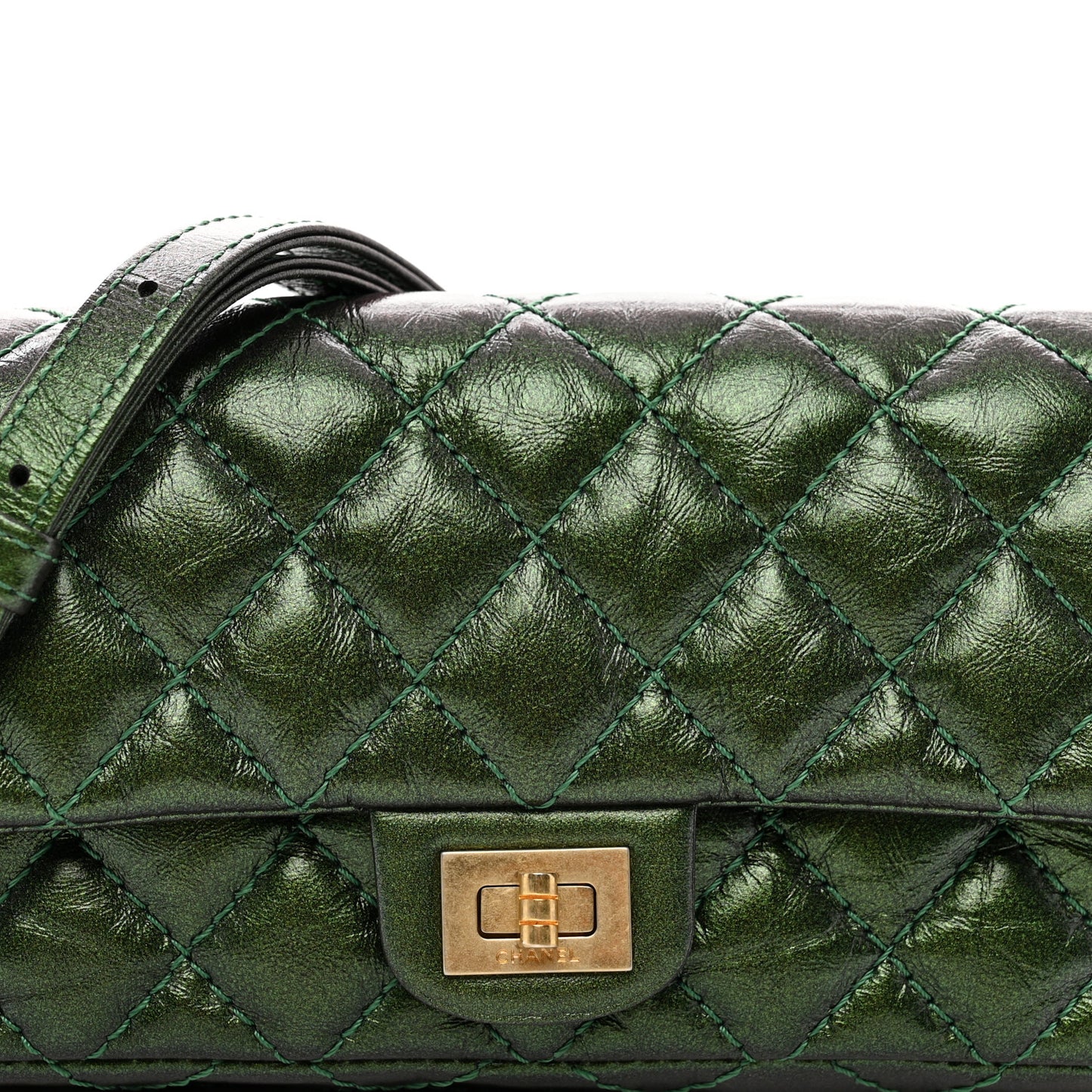 Metallic Aged Calfskin Quilted 2.55 Reissue Flap Belt Bag Clutch Green
