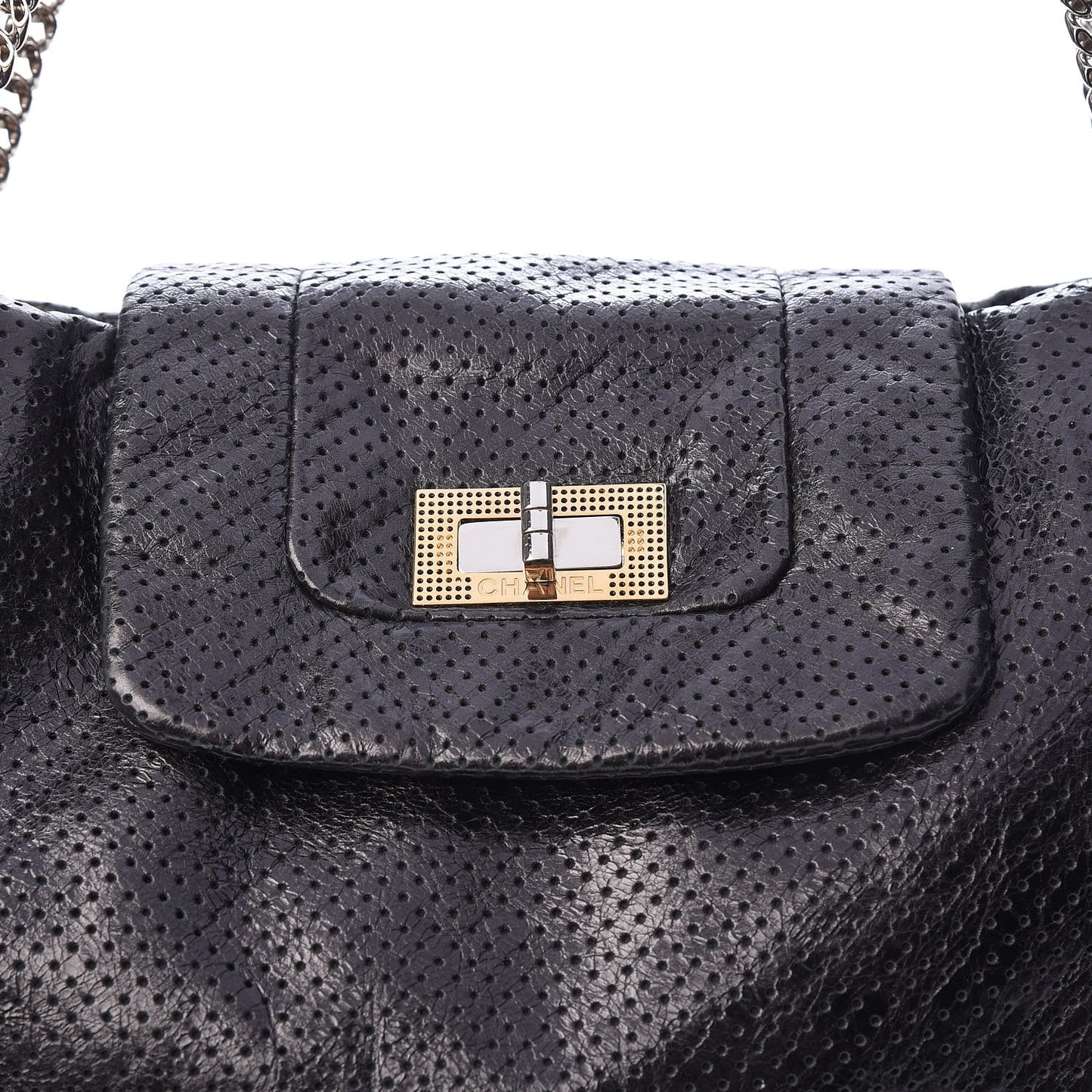 Metallic Crackled Calfskin Perforated Drill Shoulder Bag Black