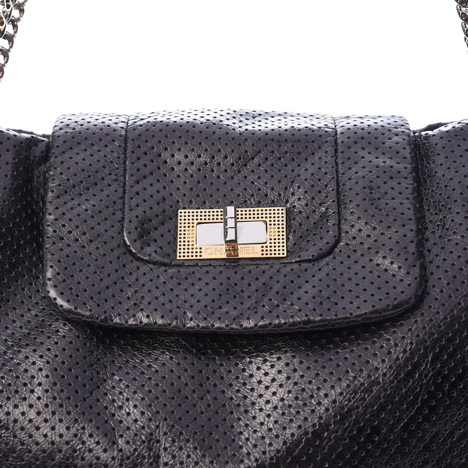 Chanel Metallic Crackled Calfskin Perforated Drill Shoulder Bag Black 10 of 13