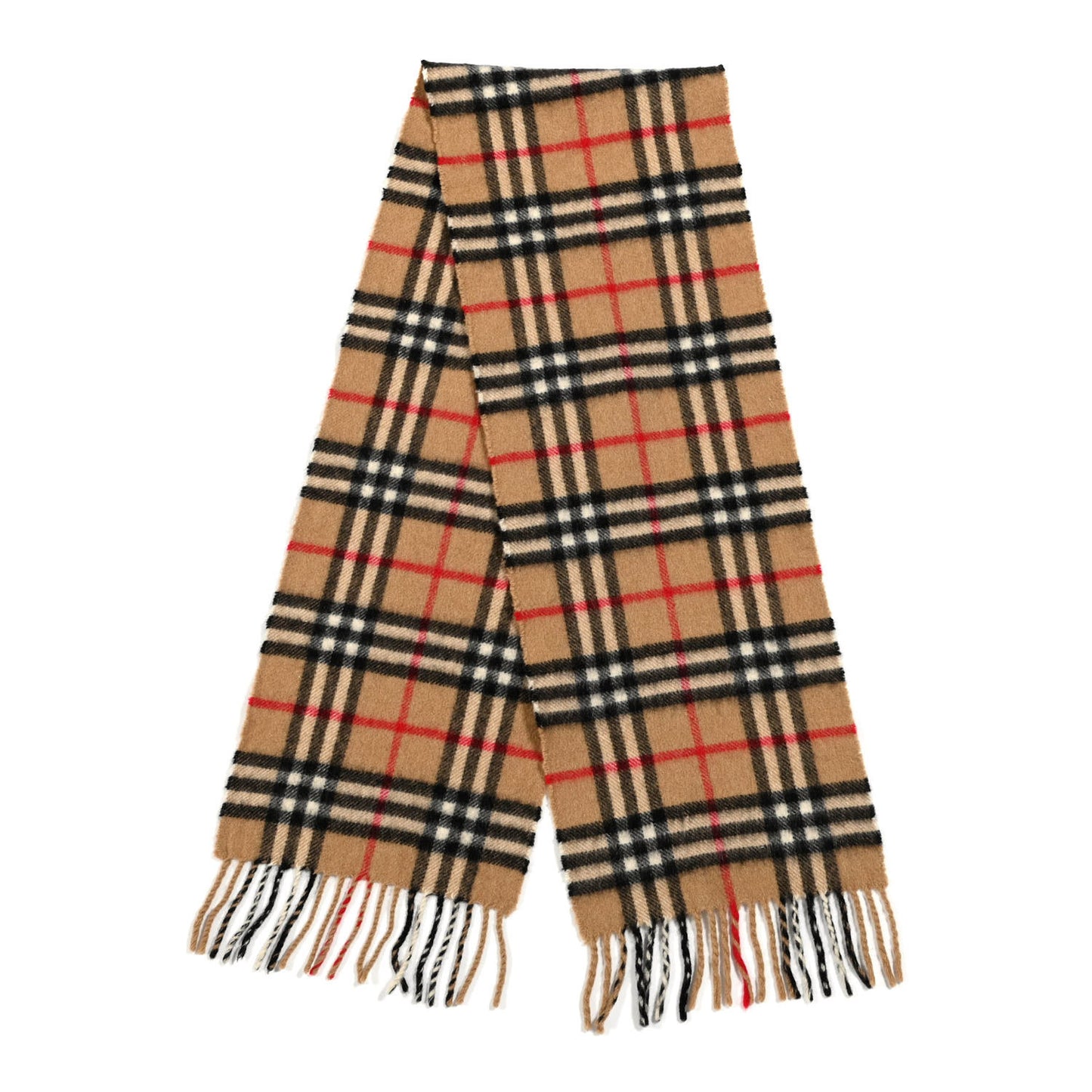 Wool Cashmere House Check Fringe Scarf Camel