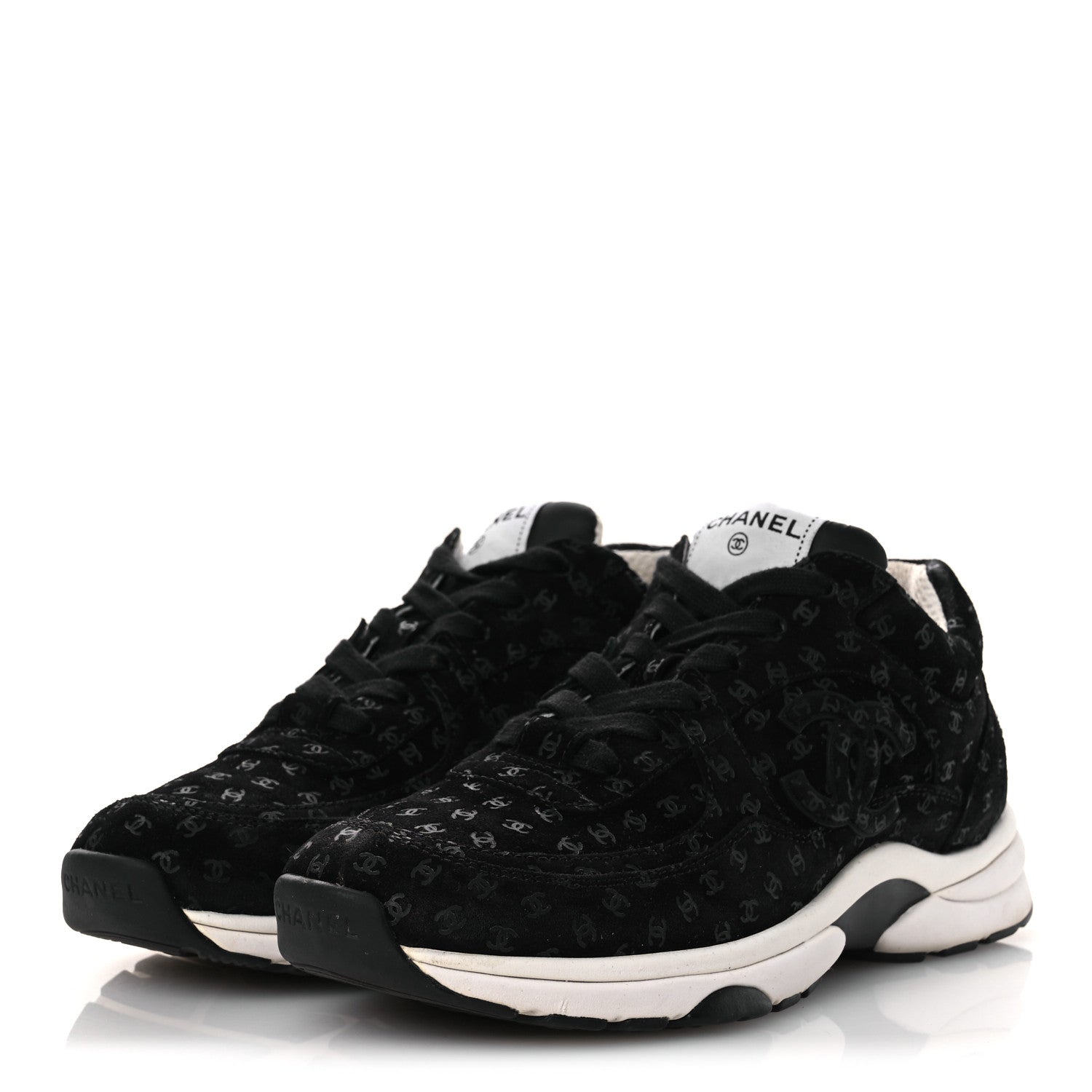 Chanel Suede Calfskin Printed CC Sneakers 38.5 Black 4 of 12