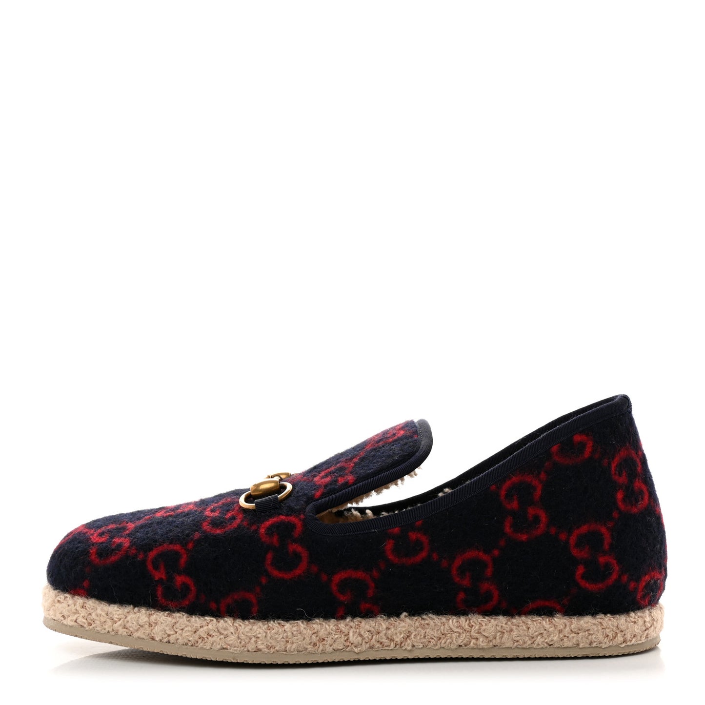 Covered Wool GG Monogram Mens Fria Horsebit Loafers 6 Blue Red Butterscotch
