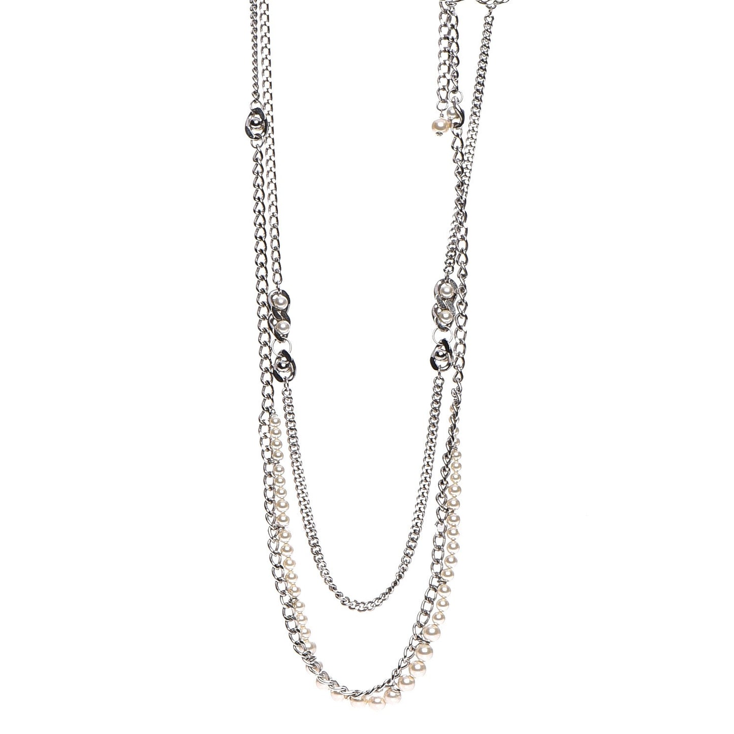 Pearl CC Long Chain Necklace Silver