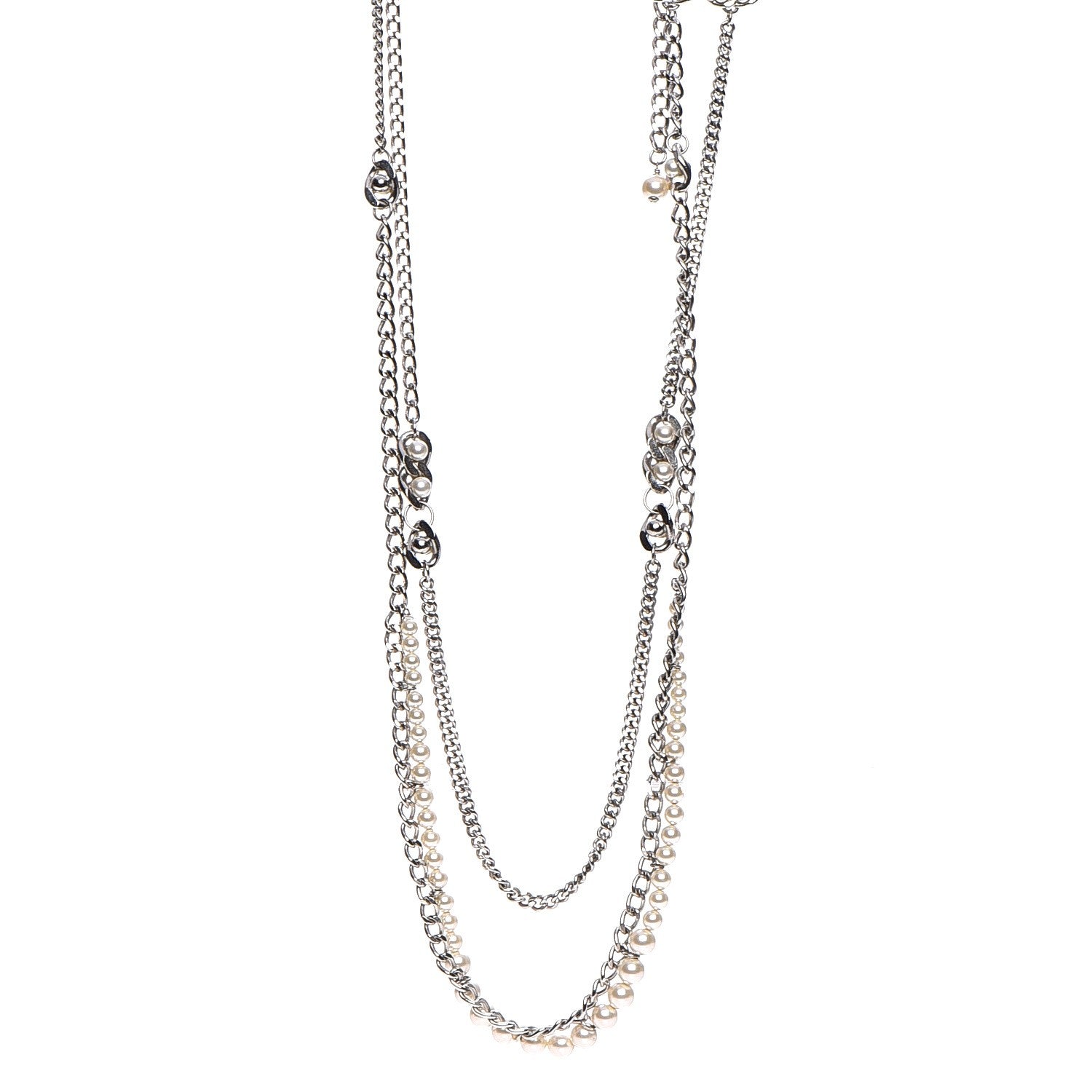 Chanel Pearl CC Long Chain Necklace Silver 1 of 7