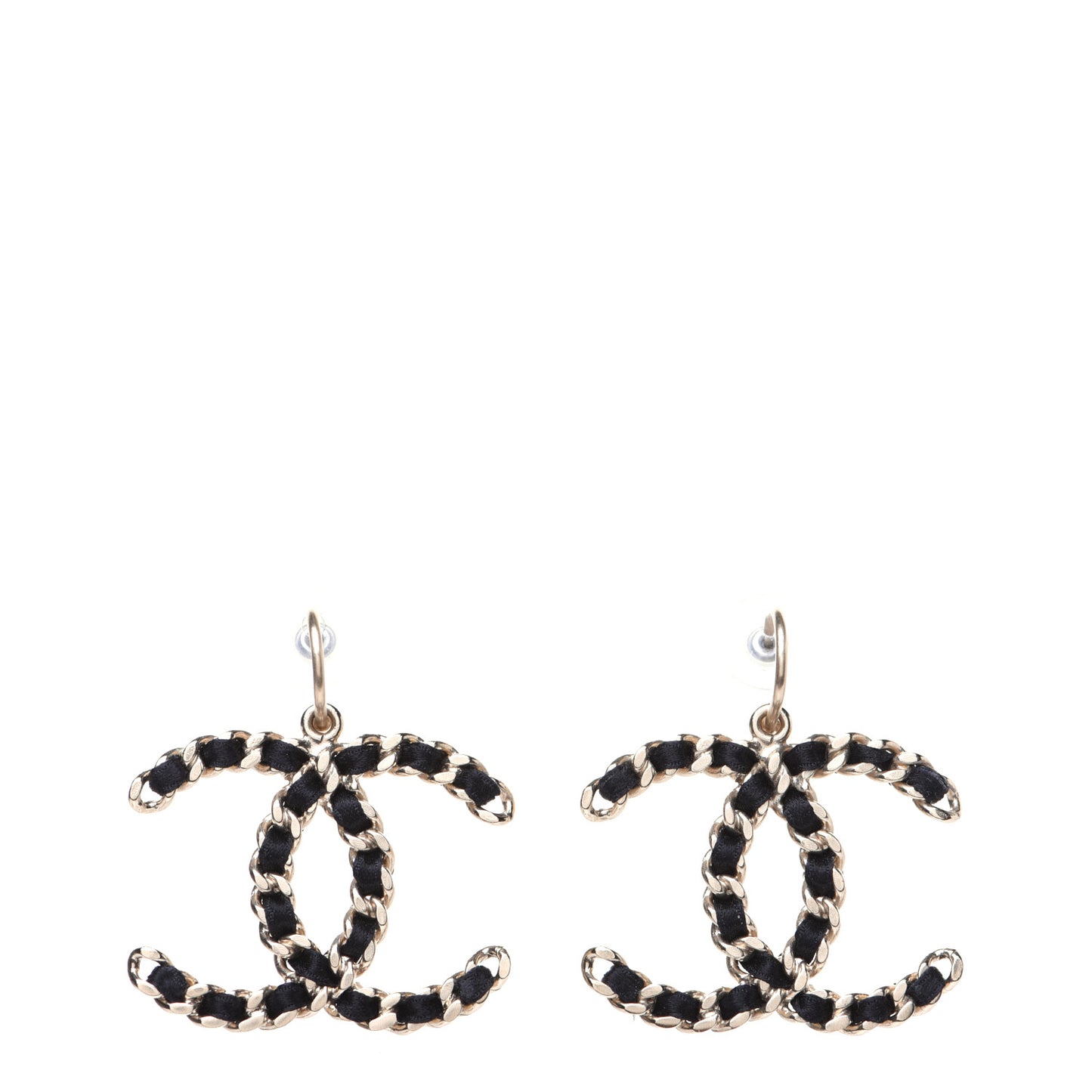 Satin CC Chain Earrings Light Gold Black