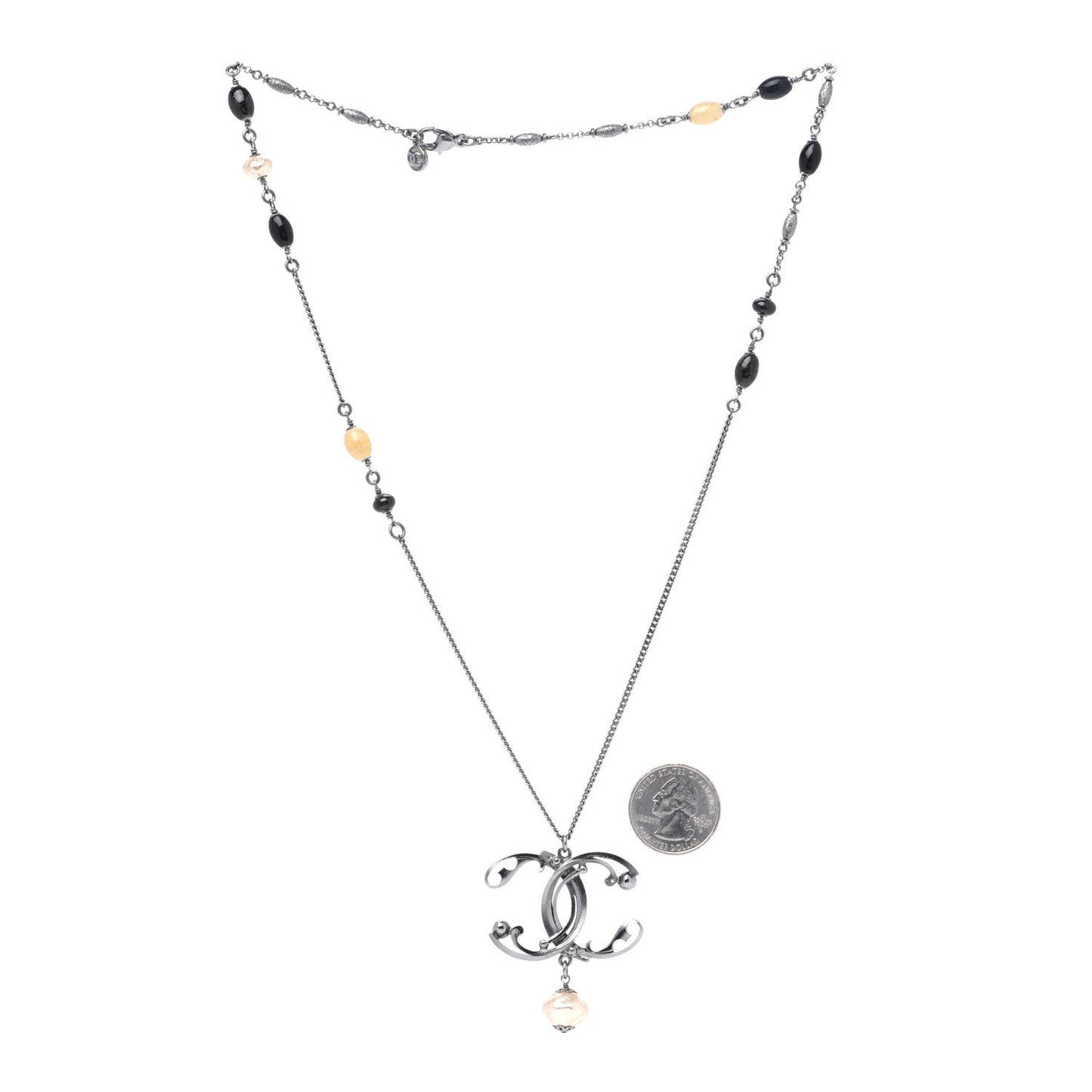 Pearl Beaded Enamel CC Long Necklace Black Silver