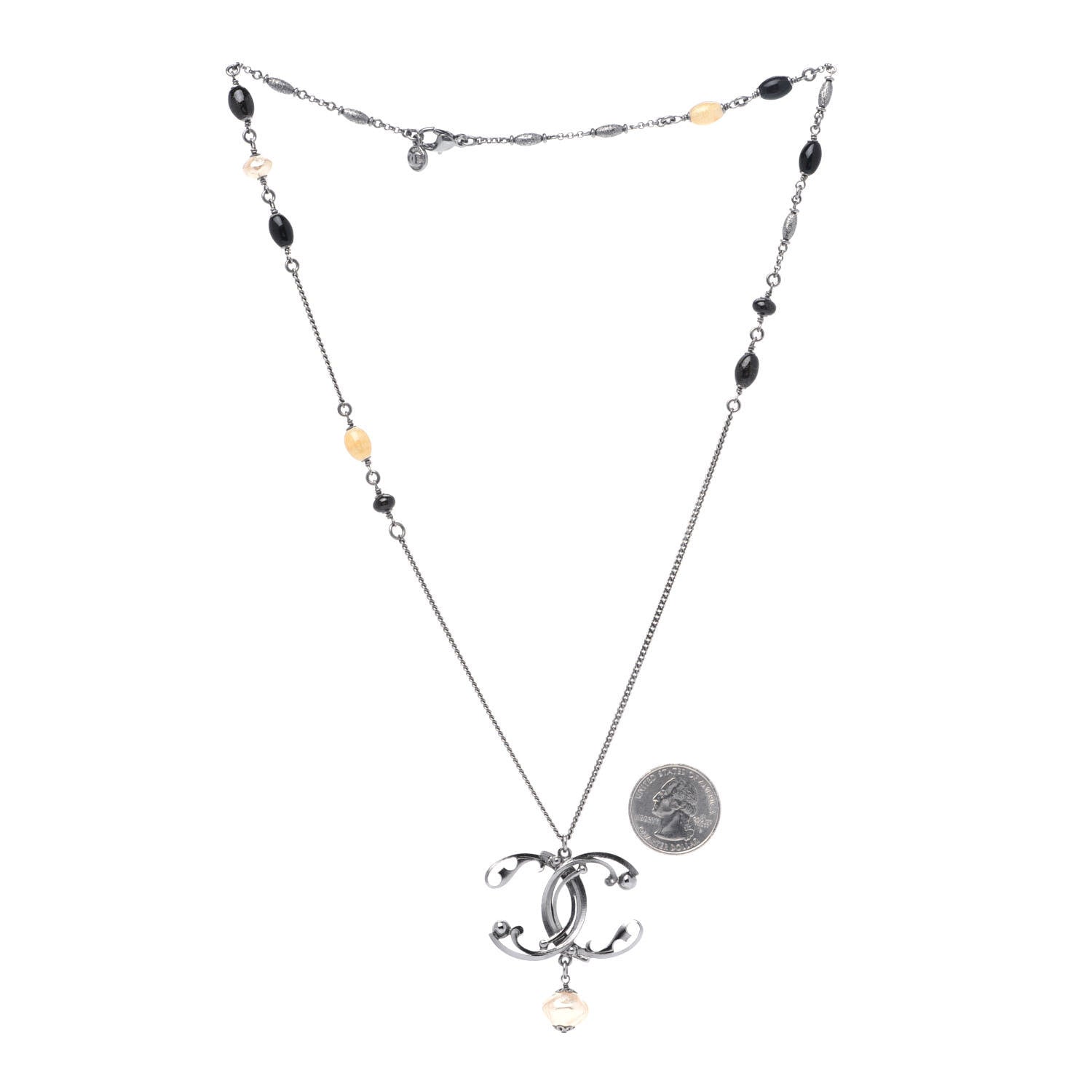 Chanel Pearl Beaded Enamel CC Long Necklace Black Silver 3 of 5