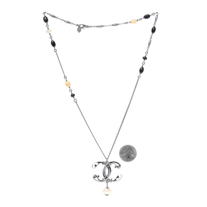 Chanel Pearl Beaded Enamel CC Long Necklace Black Silver 3 of 5