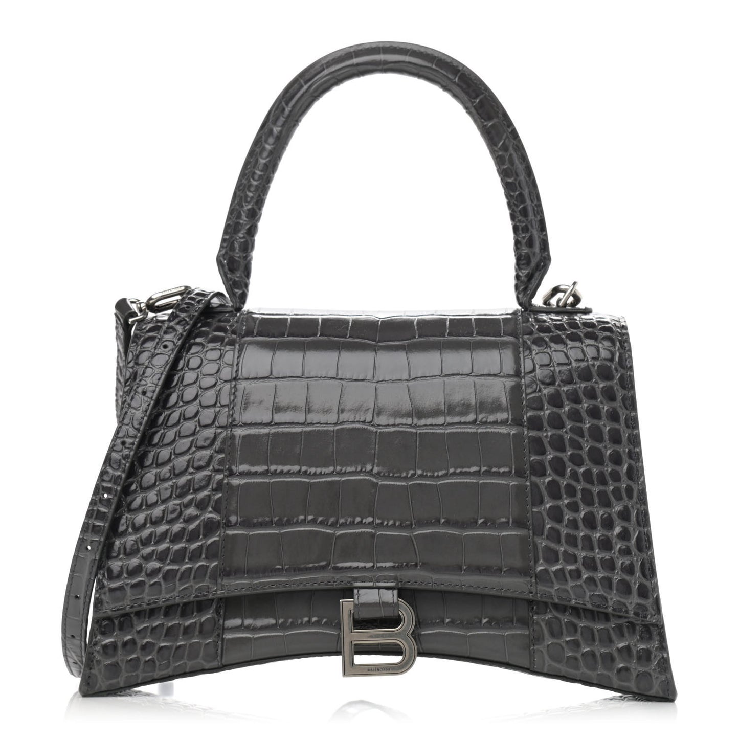 Shiny Calfskin Crocodile Embossed Medium Hourglass Top Handle Bag Dark Grey