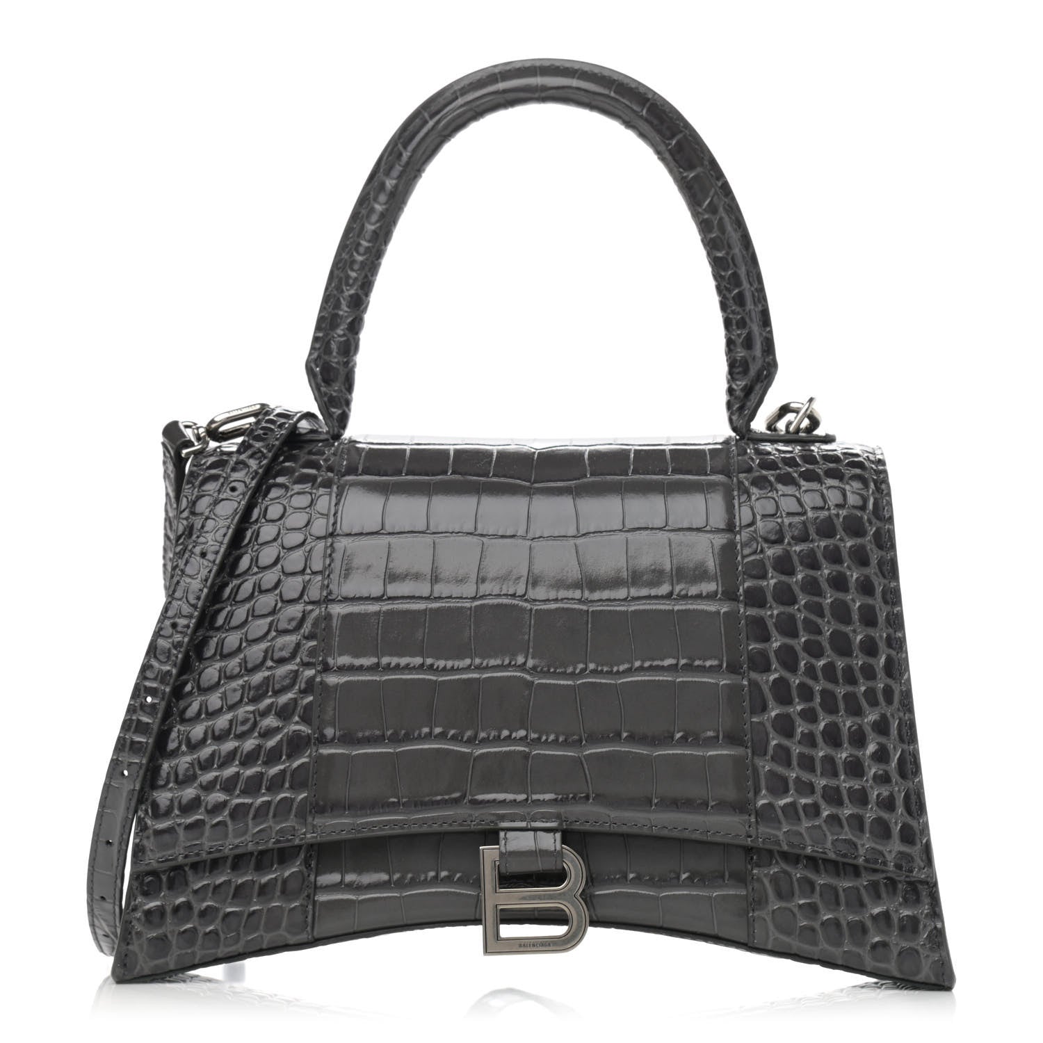Balenciaga Shiny Calfskin Crocodile Embossed Medium Hourglass Top Handle Bag Dark Grey 1 of 11