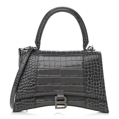 Balenciaga Shiny Calfskin Crocodile Embossed Medium Hourglass Top Handle Bag Dark Grey 1 of 11