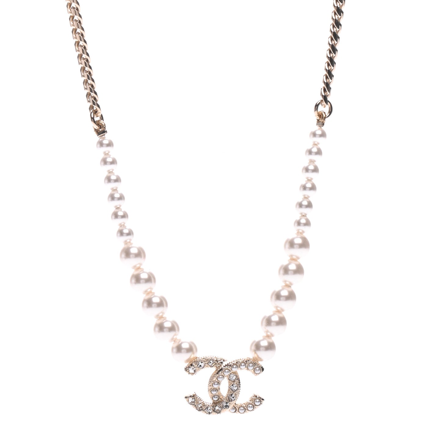 Pearl Crystal Chain CC Necklace Gold