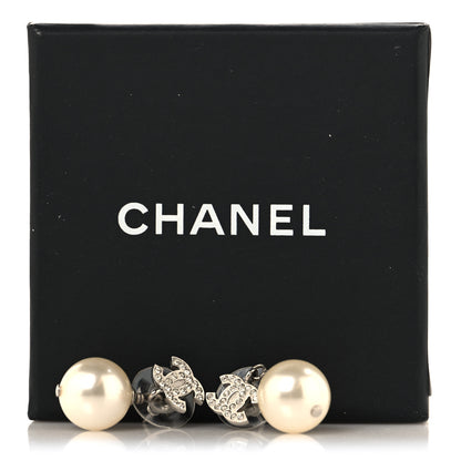 Chanel Crystal Pearl CC Drop Earrings Silver Pearly White 5 of 5