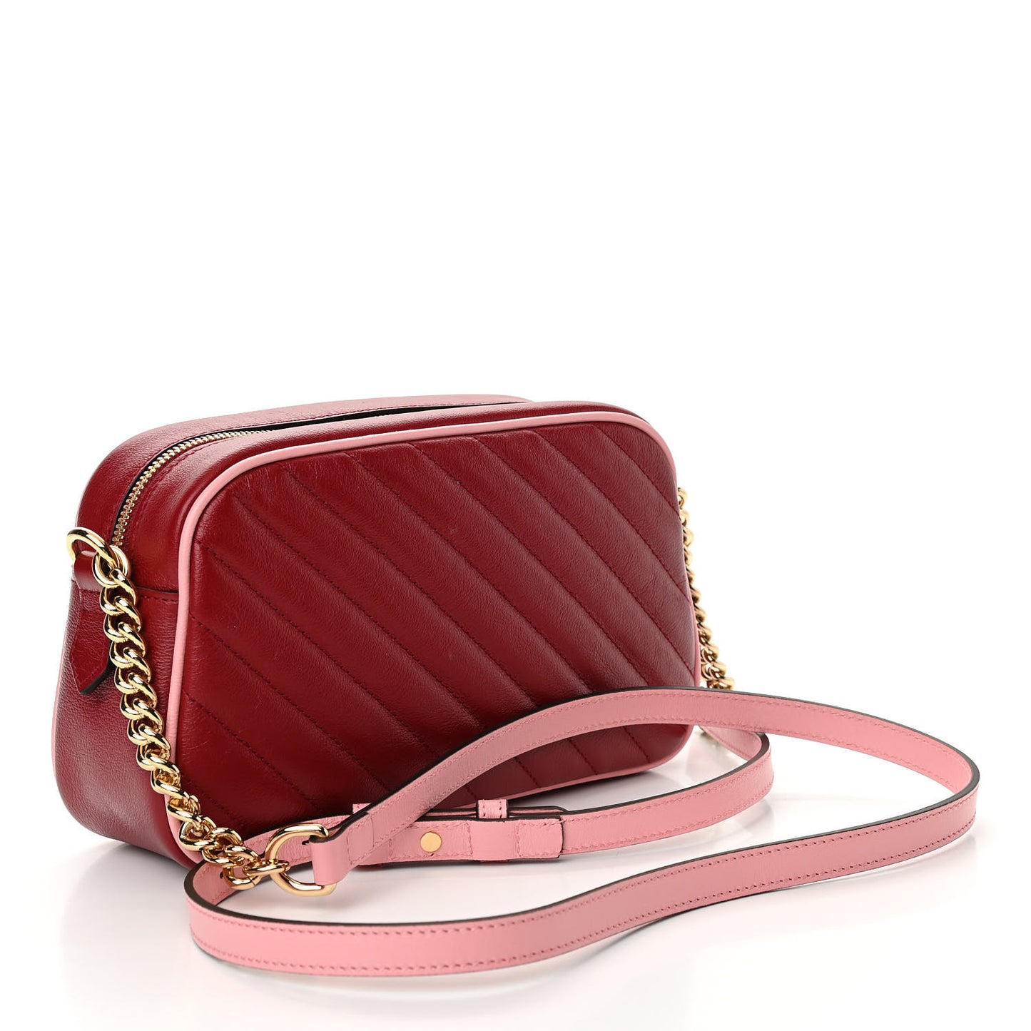 Azalea Calfskin Enamel Matelasse Diagonal Small Torchon GG Marmont Chain Shoulder Bag New Cherry Red Wild Rose