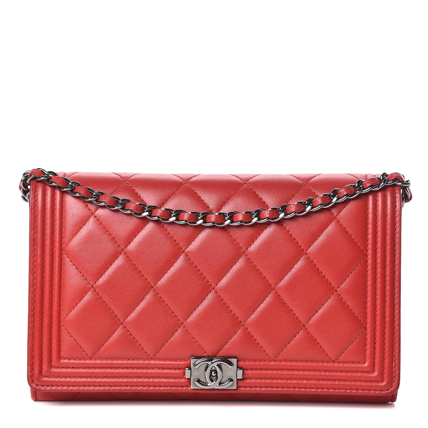 Lambskin Quilted Boy Wallet On Removable Chain WOC Red