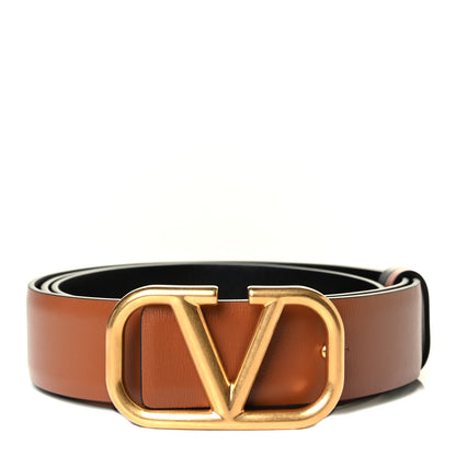 Valentino Garavani Glossy Calfskin VLogo Reversible 70mm Belt 95 38 Saddle Brown Black 1 of 5