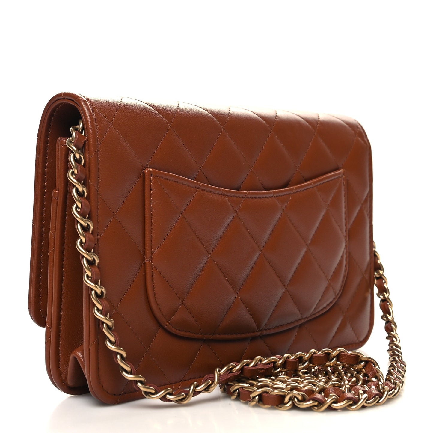 Lambskin Quilted Studded CC Wallet On Chain WOC Light Brown
