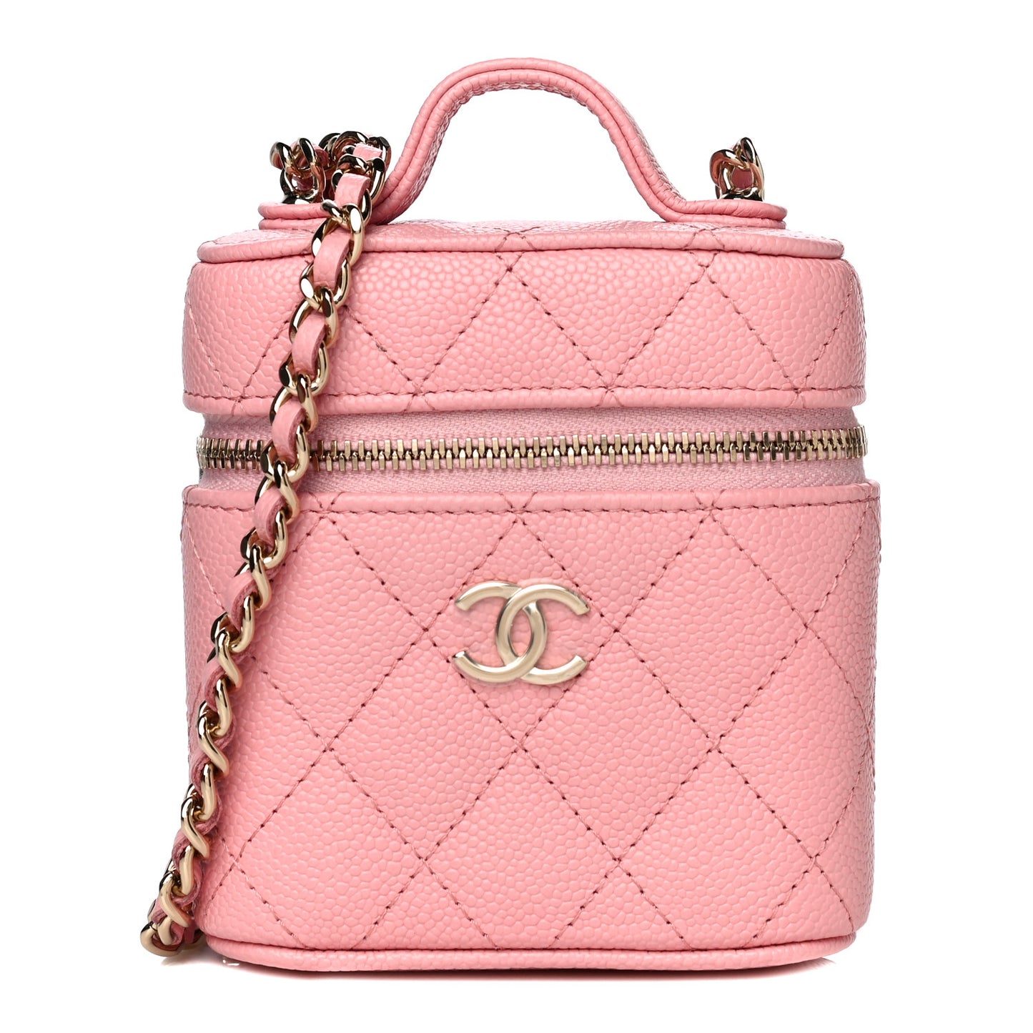 Caviar Quilted Small Handle With Care Vanity Case With Chain Pink
