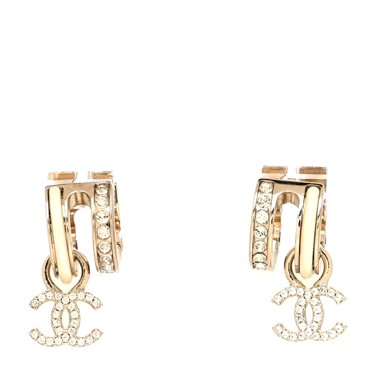Chanel Crystal CC Hoop Drop Earrings Gold Pearly White 1 of 4