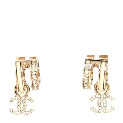 Chanel Crystal CC Hoop Drop Earrings Gold Pearly White 1 of 4