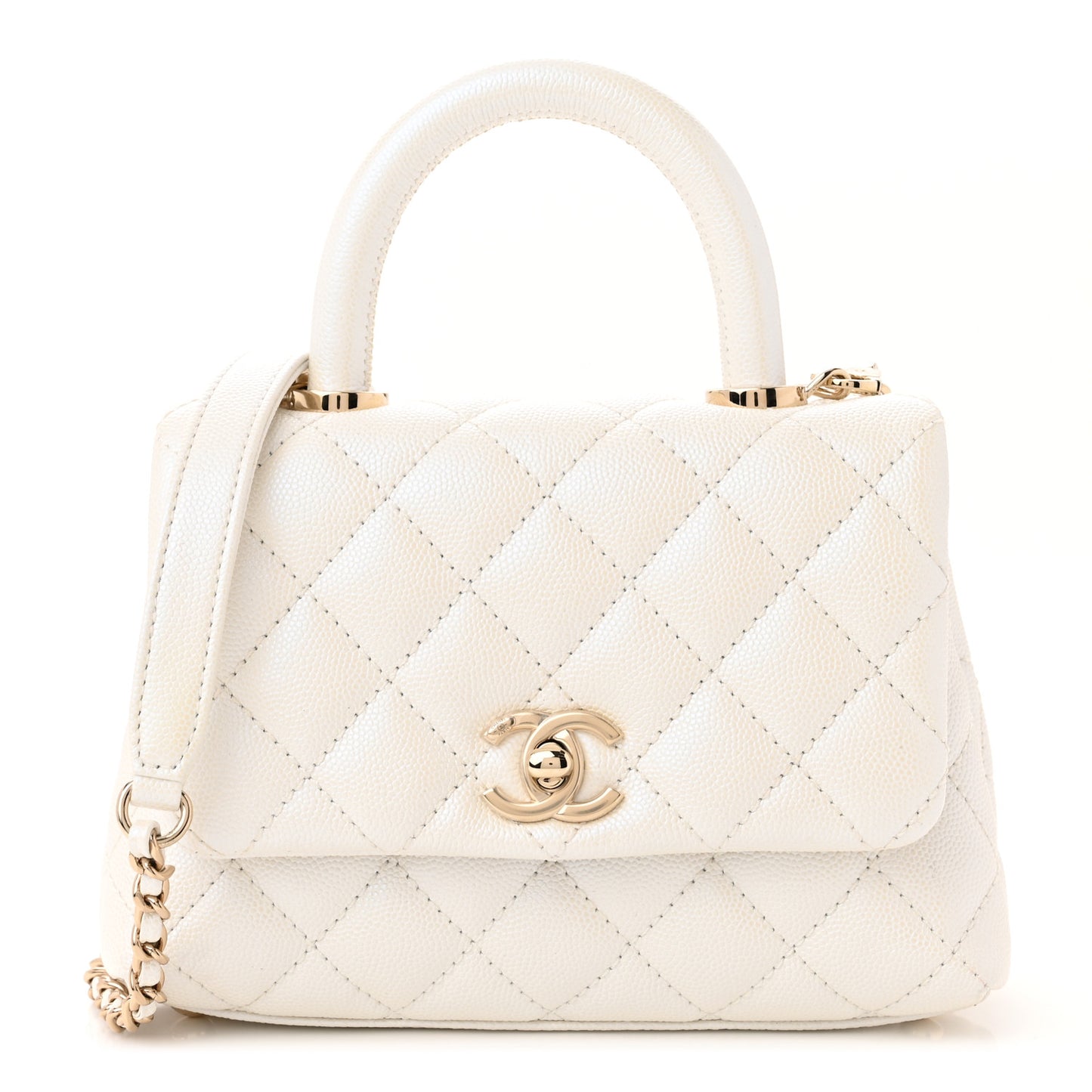 Iridescent Caviar Quilted Extra Mini Coco Handle Flap White