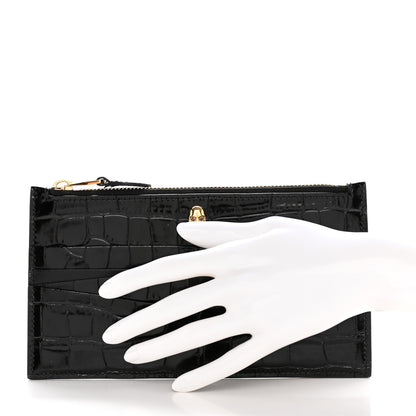 Alexander McQueen Calfskin Crocodile Embossed Skull Zip Wallet Card Holder Black 2 of 9