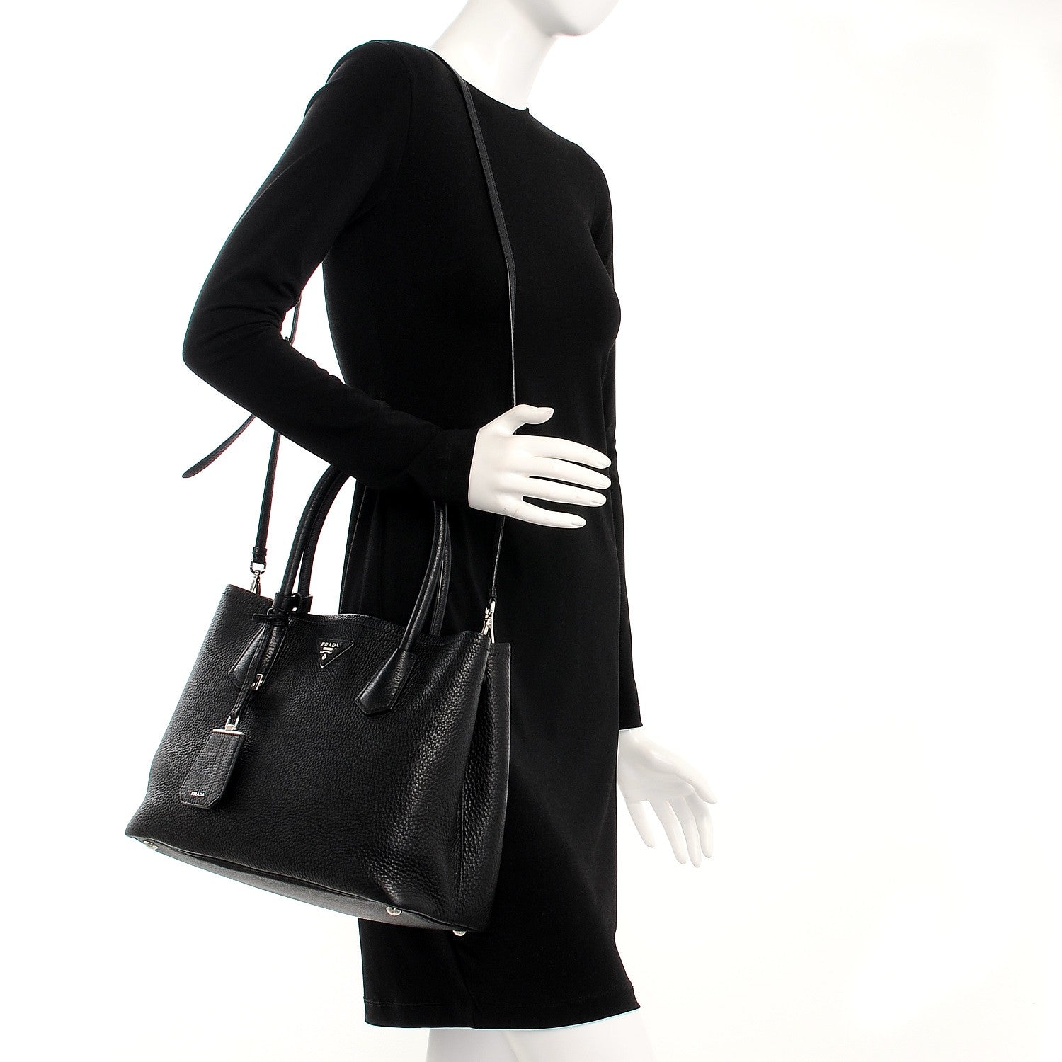 Prada Vitello Daino Small Double Tote Black Cuoio 2 of 9