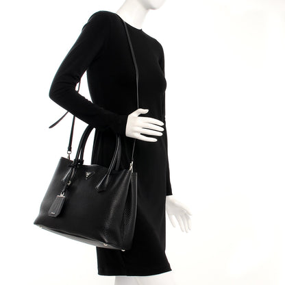 Prada Vitello Daino Small Double Tote Black Cuoio 2 of 9